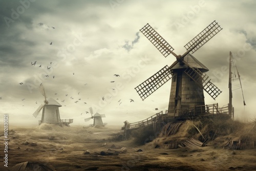 Group of Windmills in a Field With Birds Flying Around