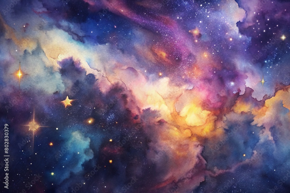 Naklejka premium Celestial Symphony: Celestial-inspired splatters of blues, purples, and golds against a dark background, resembling a cosmic dance of stars and galaxies. 