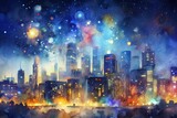 City Lights: Dynamic splatters of bright city lights against a dark background, reminiscent of a bustling urban skyline at night.
