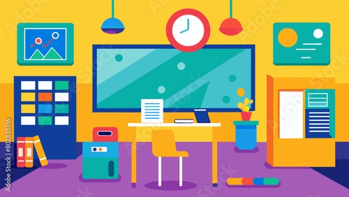Brightly colored walls and visual aids throughout the room to support students with visual impairments.. Vector illustration