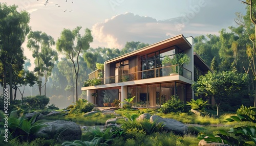 Architecture 3d rendering illustration of modern house with natural landscape