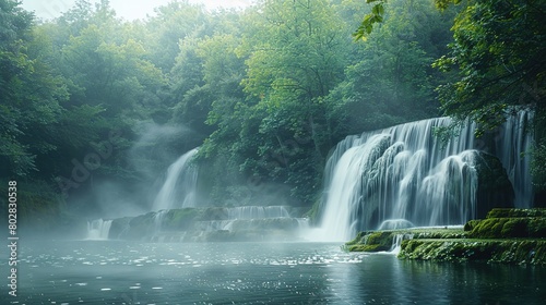 waterfall surrounded by misty forests