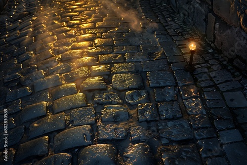 A torch casting shadows over a cobblestone path photo