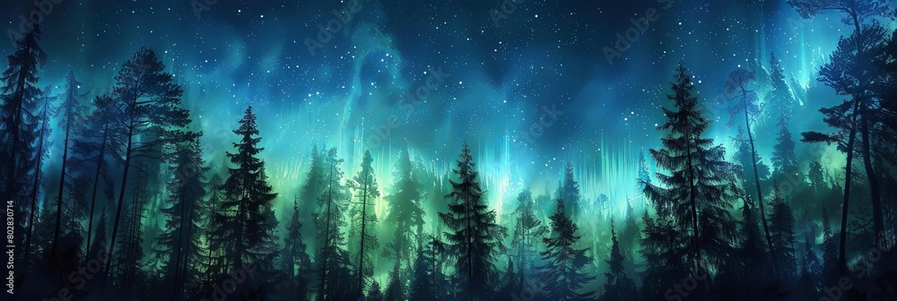 a serene forest scene with tall green trees under a starry sky a serene forest scene with tall green trees under a starry sky