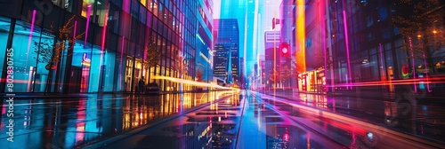a colorful cityscape featuring a tall building and a glass building  illuminated by neon lights  wi