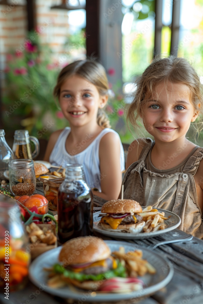 In the countryside, Caucasian children enjoy a delicious lunch with burgers and beverages.
