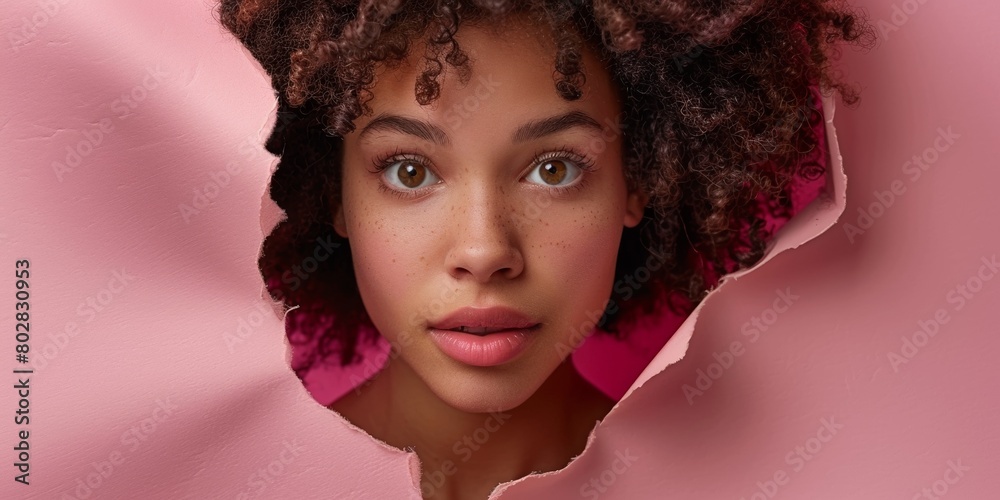 Fototapeta premium An alluring African woman poses through ripped paper, exuding charm and carefree beauty.