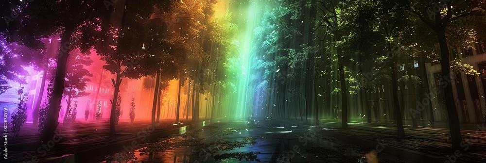 a serene forest scene with tall trees and a rainbow - colored fountain in the foreground
