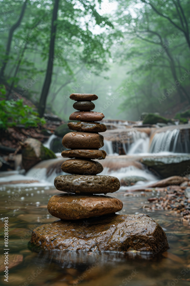 Amidst nature's tranquility, a serene river hosts balanced stone stacks, evoking meditative harmony. Amidst nature's tranquility, a serene river hosts balanced stone stacks, evoking meditative harmony.