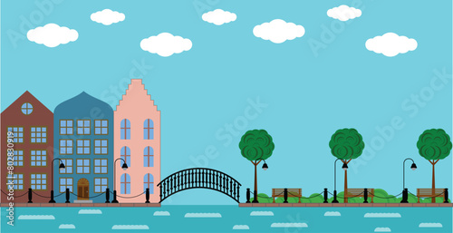 European Old Town with Bridge on the River and Park in Summer. Cities culture and history concept vector art