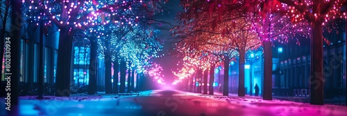 colorful lights illuminate a city street lined with trees, including a tall one on the left and a s photo