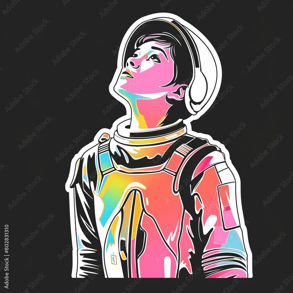 a colorful sticker-style illustration of a young female astronaut with a white outline on a solid black background. a colorful sticker-style illustration of a young female astronaut with a white outline on a solid black background.
