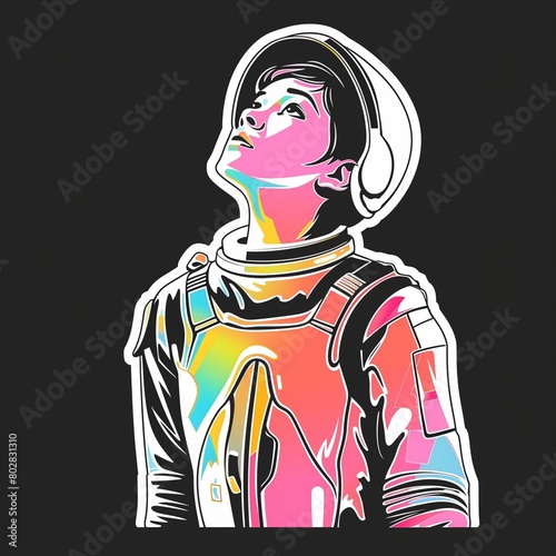 a colorful sticker-style illustration of a young female astronaut with a white outline on a solid black background.