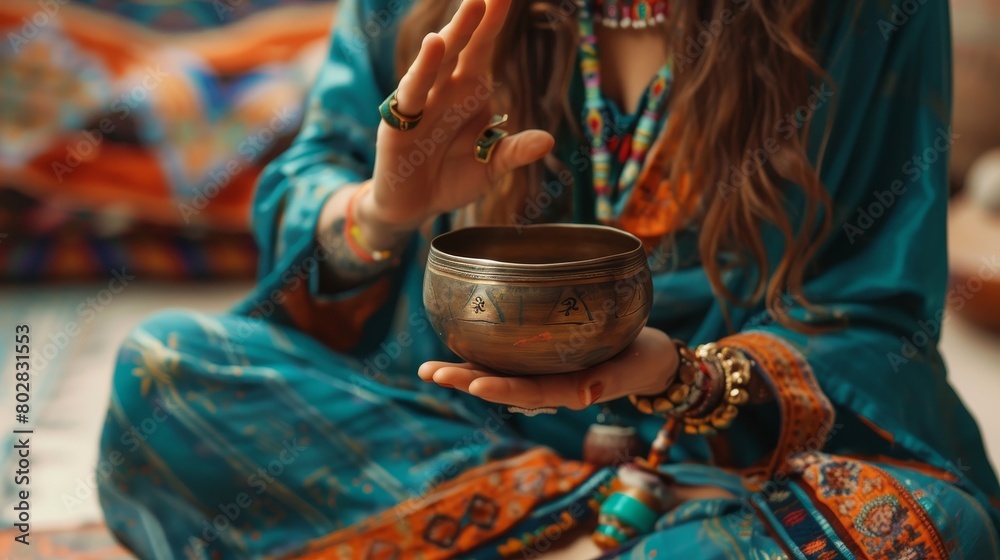 Woman using Tibetan bowl in traditional attire, perfect for showcasing cultural practices in sound therapy Woman using Tibetan bowl in traditional attire, perfect for showcasing cultural practices in sound therapy