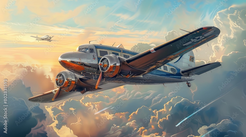 Watercolor illustration of a Lockheed Vega soaring high above the