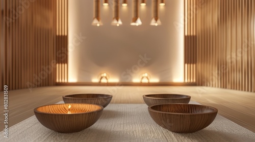 Modern meditation hall with Tibetan bowls, showcasing contemporary sound therapy methods in wellness spaces photo