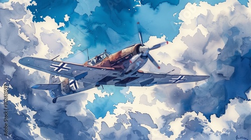 Watercolor illustration of a Messerschmitt Bf 109 cruising through a sky dotted with cumulus clouds, capturing its advanced maneuverability