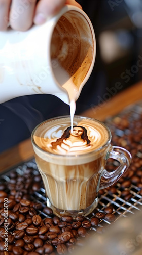 A skilled barista carefully pouring steamed milk into a glass of espresso, creating a remarkably detailed rendition of the Girl within the layered coffee and milk swirls..