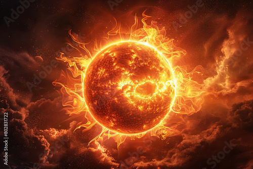 Abstract image of the sun in space with bright rays and flares on it. Solar energy concept. Generated by artificial intelligence