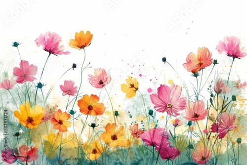 A joyful watercolor painting featuring a lively assortment of pink and yellow flowers with expressive green foliage.