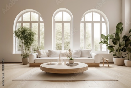 Modern living room interior with white sofa  coffee table and arched window. Minimalist home design concept for mock up  template or background in neutral tones. AI generated