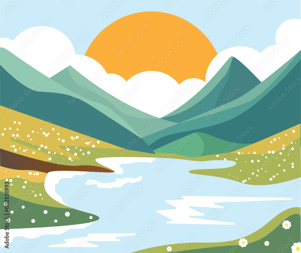 Mountains and Lake on a Sunny Day Landscape Illustration. Nature and summer season concept vector
