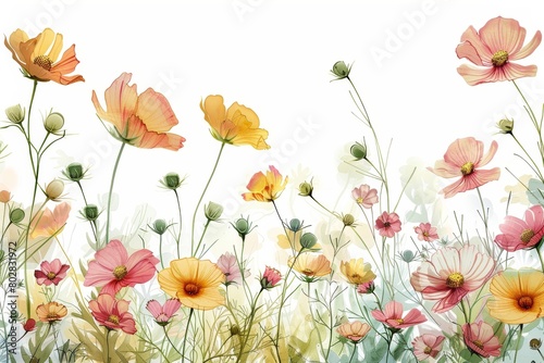 A light and breezy illustration of cosmos flowers, rendered in watercolor, capturing the warmth and brightness of a sunny day. © Napaphat