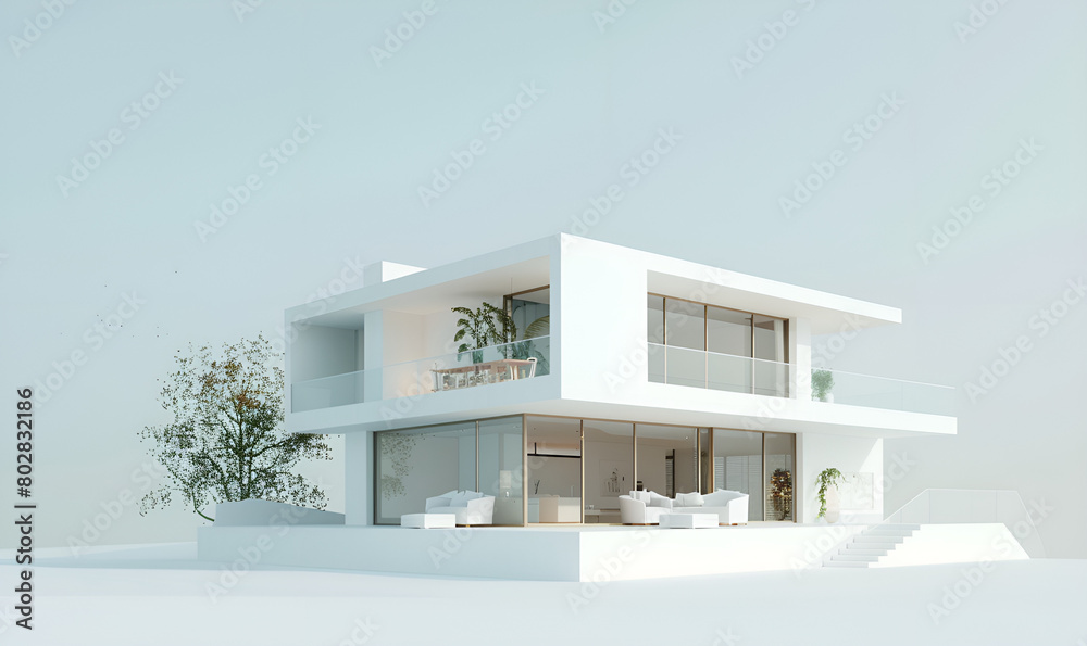 Visualize a sophisticated modern house portrayed in a white color 