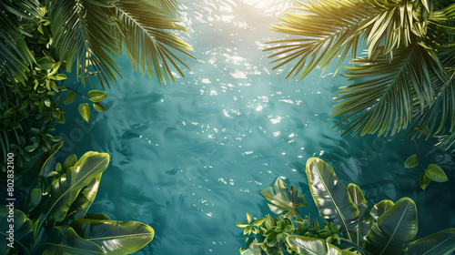 3d render azzure sea surface wirh sun reflections in the middle, surrounded by lush green tropical leaves and palms . top view, flat lay. space for text or product mockup. nature concept