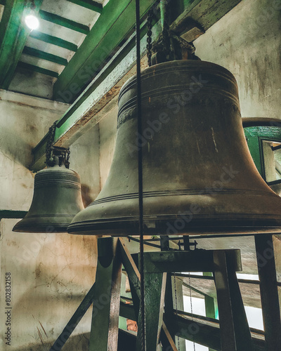 Vintage large bells at an old mosque in Hooghly, West Bengal, India in January 2023.... photo