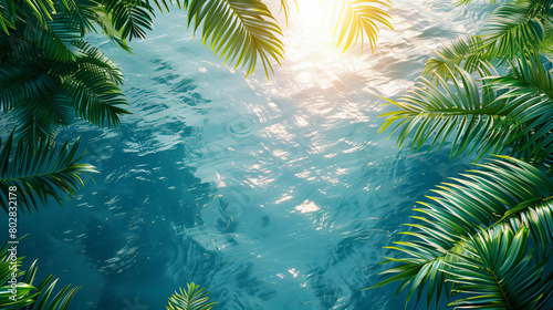 3d render azzure sea surface wirh sun reflections in the middle, surrounded by lush green tropical leaves and palms . top view, flat lay. space for text or product mockup. nature concept

 photo
