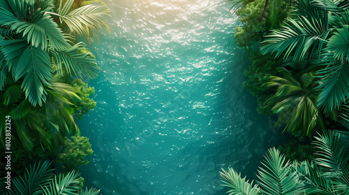 3d render azzure sea surface wirh sun reflections in the middle  surrounded by lush green tropical leaves and palms . top view  flat lay. space for text or product mockup. nature concept  