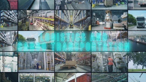 Logistics and cargo transportation infographics. Logistics and cargo transportation inscription opening frame