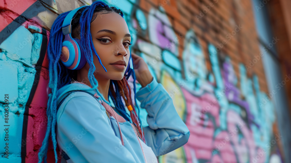 african american urban woman with dreadlocks and headphones on the street african american urban woman with dreadlocks and headphones on the street