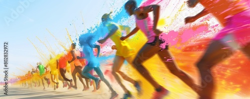 Dynamic race start with runners exploding in a vibrant color splash