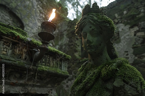 A torch next to a moss-covered statue in ruins