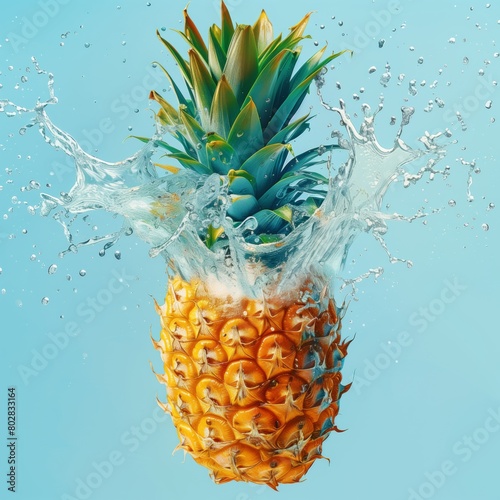 Pineapple getting wet in liquid on blue background, art illustration