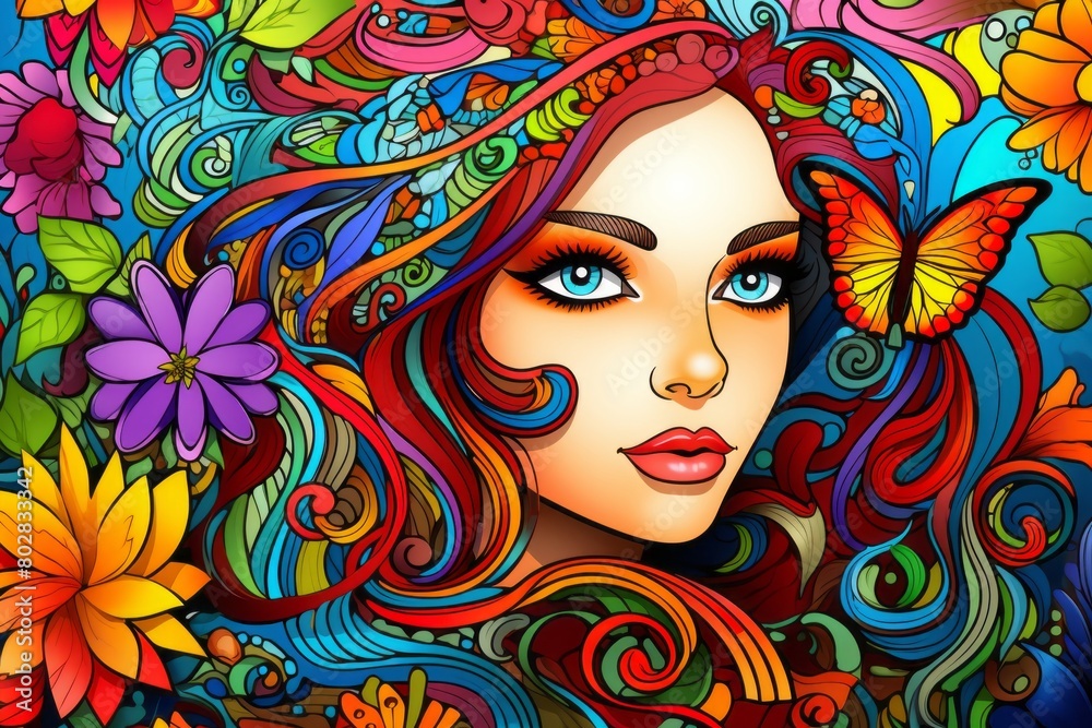 A Painting of a Woman With Butterflies on Her Head A Painting of a Woman With Butterflies on Her Head