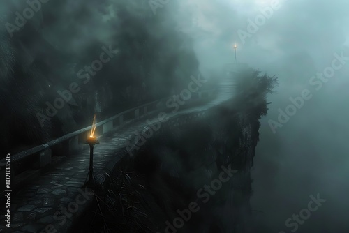 A torch on a bridge in a misty mountain pass