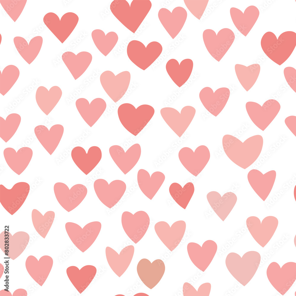Seamless pattern with pink hearts. Template holiday vector illustration. Design for card, postcard, poster, print, banner. Cartoon colorful hearts on white background