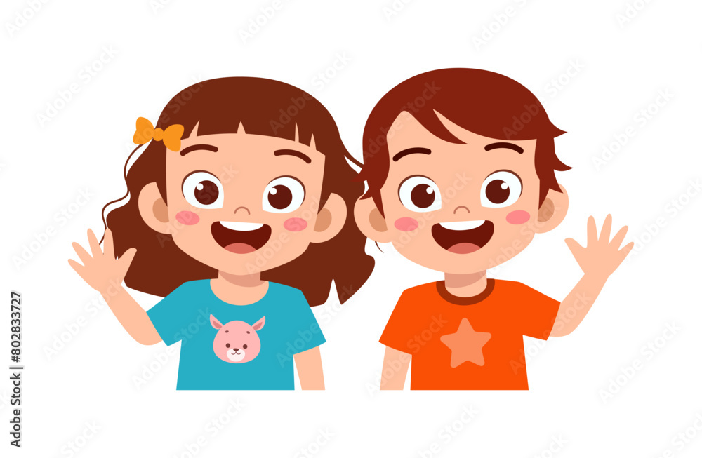 little kid with friend smile and waving hand little kid with friend smile and waving hand