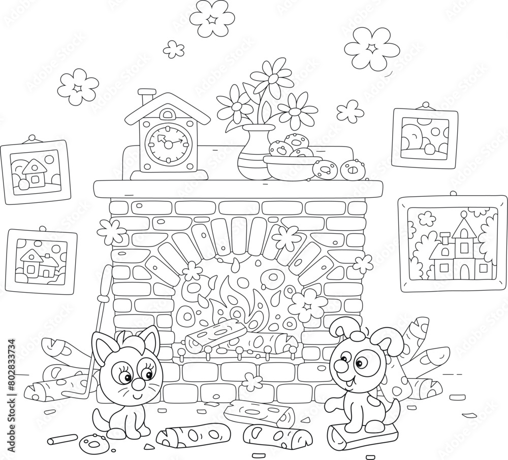 Funny little kitten and puppy heating by an old bricky fireplace with burning firewood, pretty country pictures, a toy clock and a flower vase on a mantelpiece on a chilly evening, vector cartoon Funny little kitten and puppy heating by an old bricky fireplace with burning firewood, pretty country pictures, a toy clock and a flower vase on a mantelpiece on a chilly evening, vector cartoon