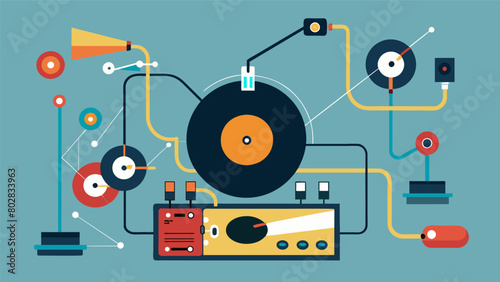 The intricate web of wires and cables that connect the record players components and carry the sound signal. Vector illustration