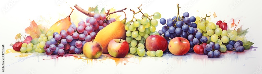 A variety of fresh fruits, including grapes, pears, apples, and peaches, are arranged in a colorful and visually appealing display. A variety of fresh fruits, including grapes, pears, apples, and peaches, are arranged in a colorful and visually appealing display.