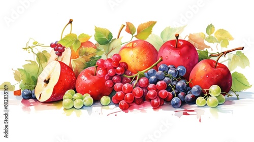 An image of a variety of fruits  including apples and grapes. The fruits are arranged in a visually appealing way and are painted with watercolors.