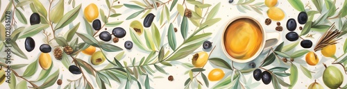 Bright, lively watercolor painting featuring random Italian imagery such as espresso cups and olive branches, on a white background photo