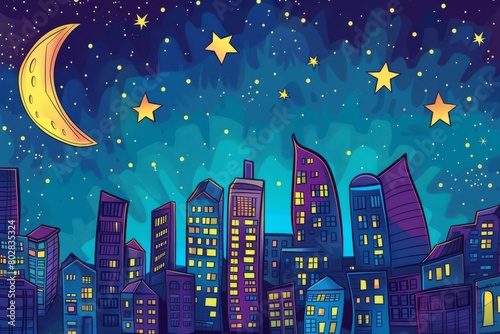 Cartoon cute doodles of a city skyline at night, with skyscrapers outlined against the glowing moon and stars, Generative AI