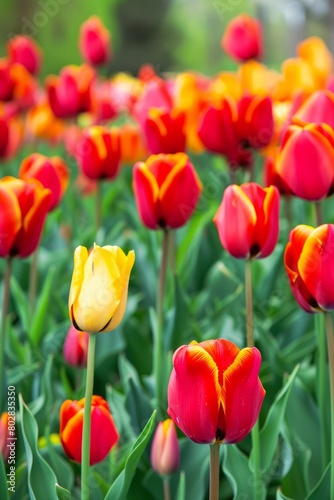 Wander through a field of tulips in full bloom, where rows of vibrant red, yellow, and orange flowers create a riot of color against the greenery, Generative AI
