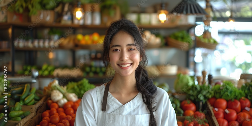 A woman smiles happily at work behind the counter of a grocery market, offering fresh fruits and vegetables.