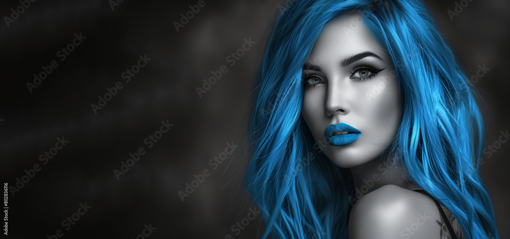 A woman with blue hair and blue eyes. She is wearing makeup and has a blue hairdo. A monochromatic portrait of a stunning model with vivid blue hair, the only element in color A woman with blue hair and blue eyes. She is wearing makeup and has a blue hairdo. A monochromatic portrait of a stunning model with vivid blue hair, the only element in color